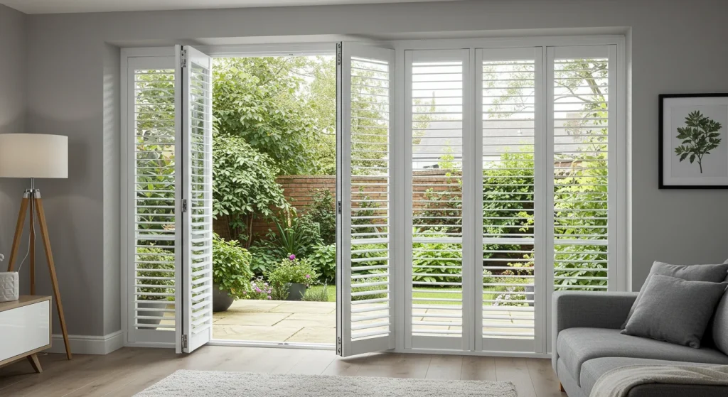 Bi Fold Shutters ideal for sliding doors, wide windows, and sunrooms