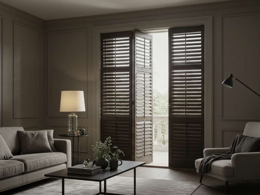 dark brown french door shutters in a living room