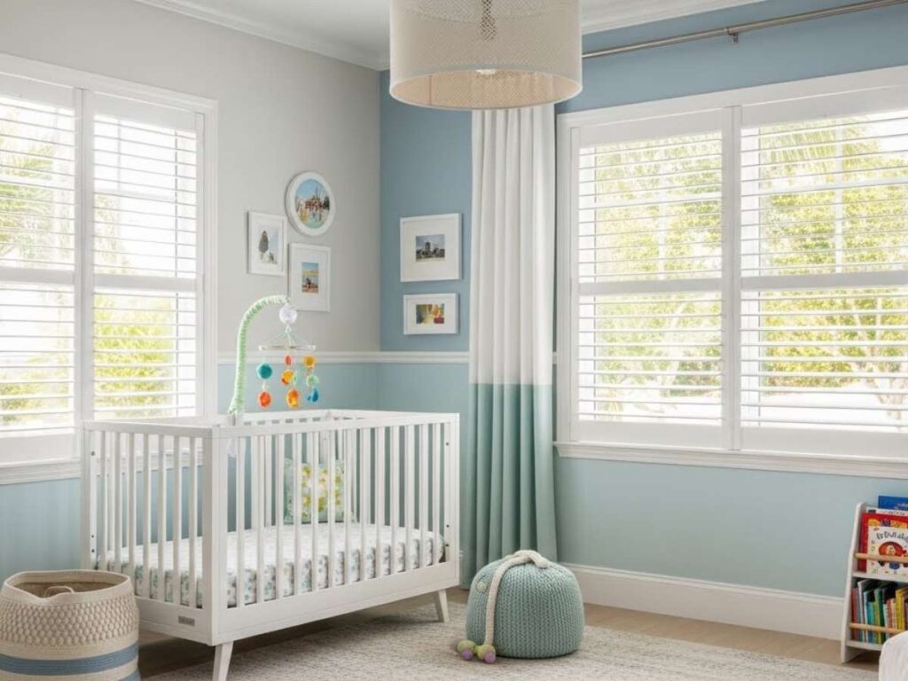 If your nursery is modern, think clean lines, restrained color palettes, and smooth surfaces. Shutters can enhance these elements with understated beauty.